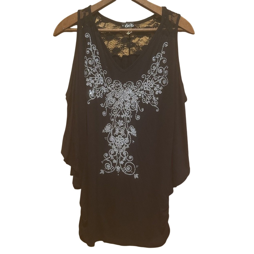 VIntage Deb Tunic Size L Black Off Shoulder Dolman Silver Bead Fairy Whimsigoth